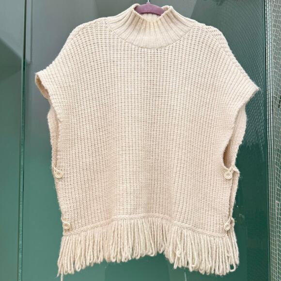 Anthropologie Jackets & Blazers - Cream Anthropologie Fringed Mock Neck Ivory Sweater Vest - Size XL